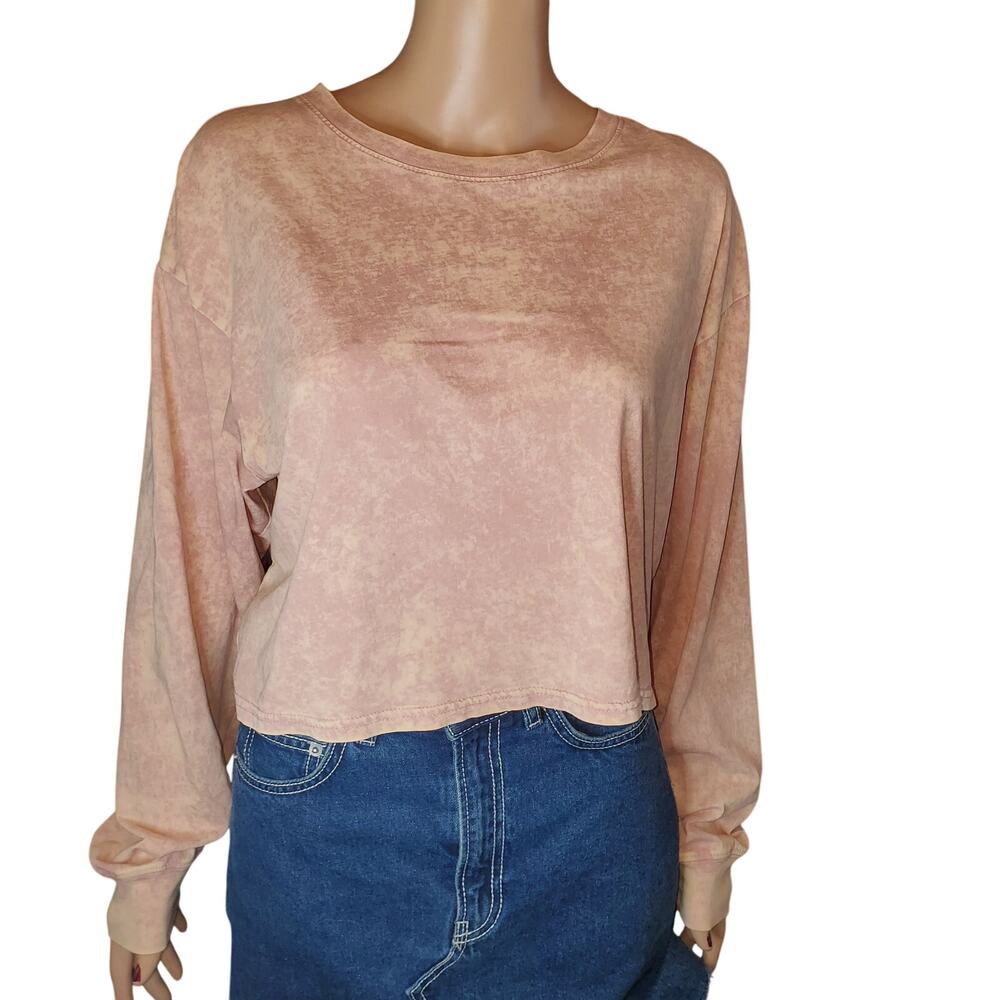 Double Zero Pink Acid Wash Cropped Long Sleeve Tee L Indie Y2K